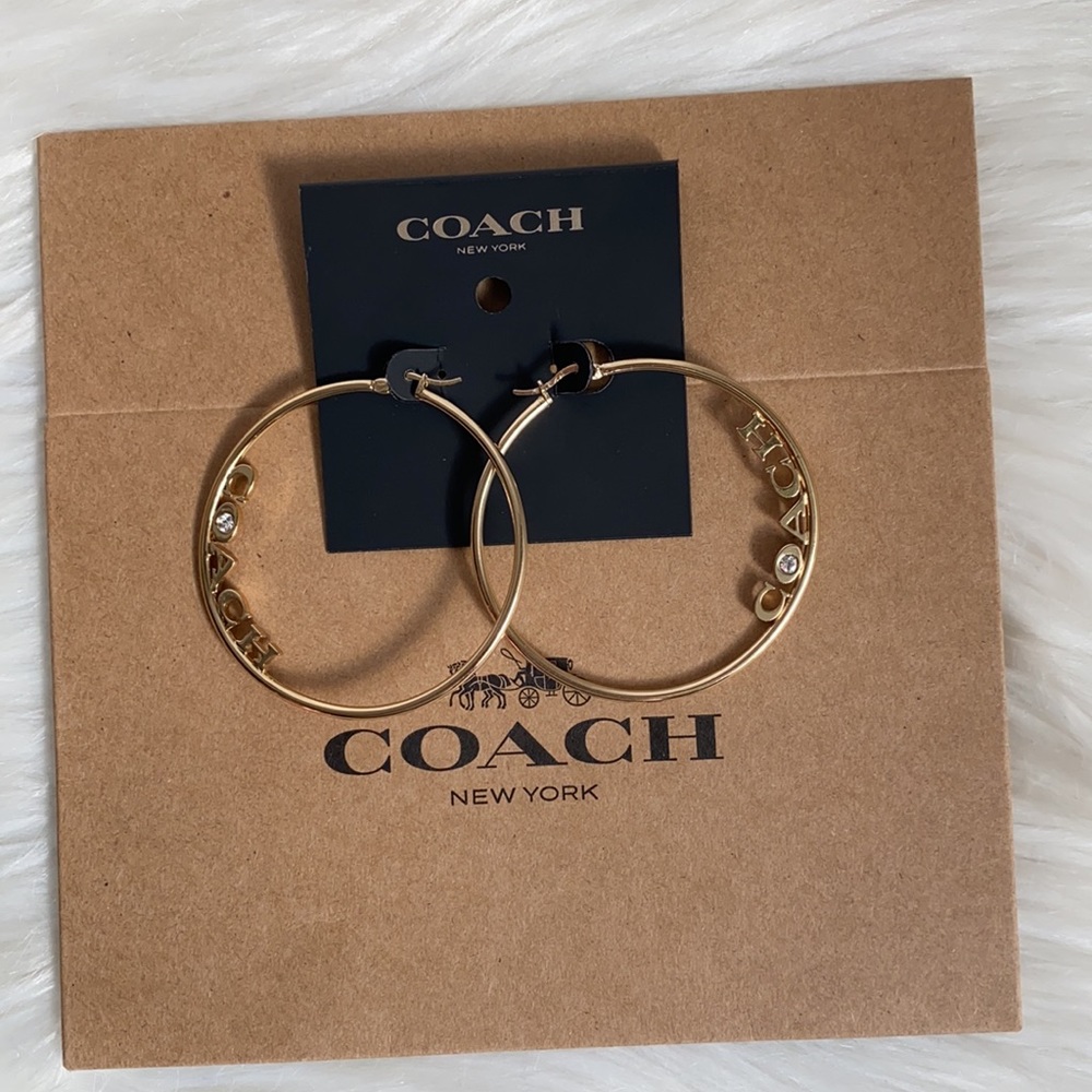 Coach X Jennifer Lopez Signature Hoops Earrings J-Lo Medium 2.25" Logo Gold - Picture 6 of 9